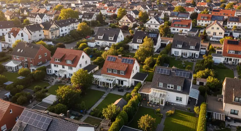 Aerial drone view of typical German residential neighborhood with mixed roof types, red and dark roof tiles, gardens visible, sunny day