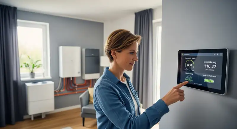 Smart-Home-Display mit Wärmepumpensteuerung in einem modernen Hanauer Wohnzimmer