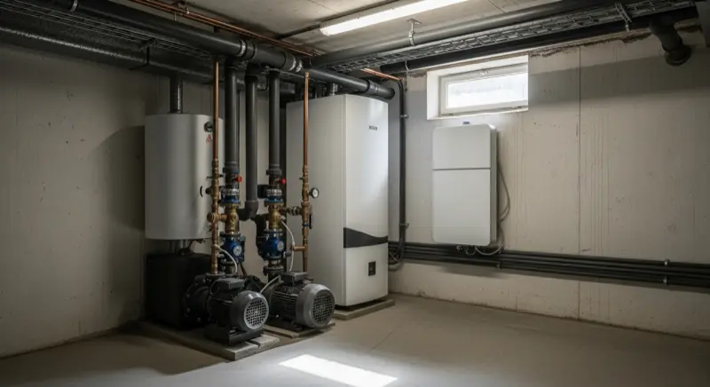Moderner Heizungskeller mit Wärmepumpe und Pufferspeicher in Hannover