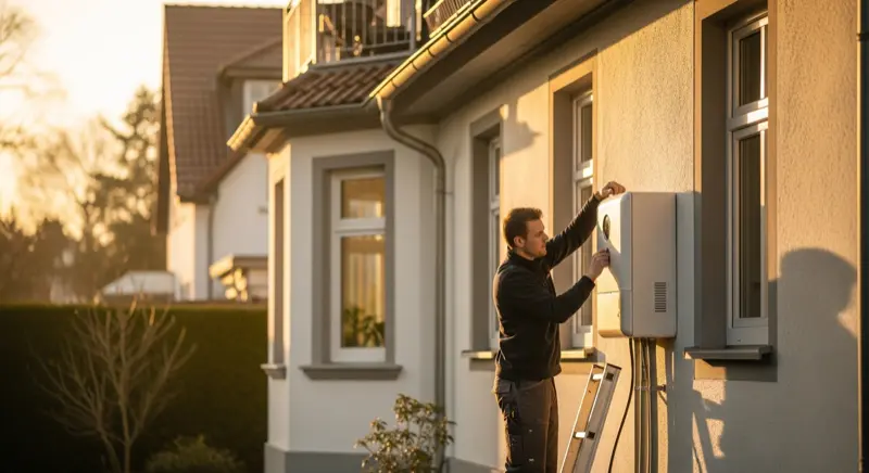 Heizungsbauer bei Wärmepumpen-Montage an einem Haus in Hannover