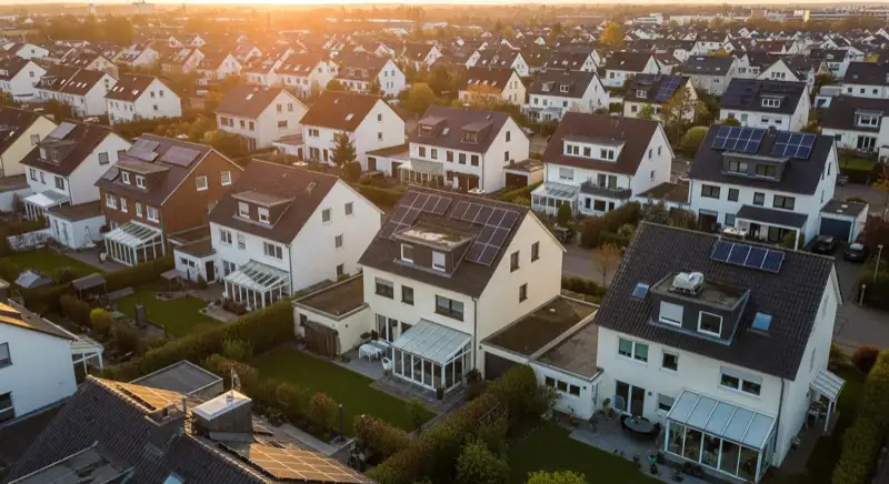Wohngebiete in Hannover mit verschiedenen Bauformen, typische Einfamilienhäuser und Dachstrukturen aus der Luft