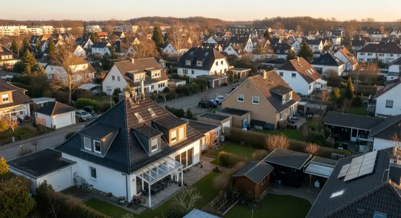 Wohngebiete in Hannover mit verschiedenen Bauformen, typische Einfamilienhäuser und Dachstrukturen aus der Luft