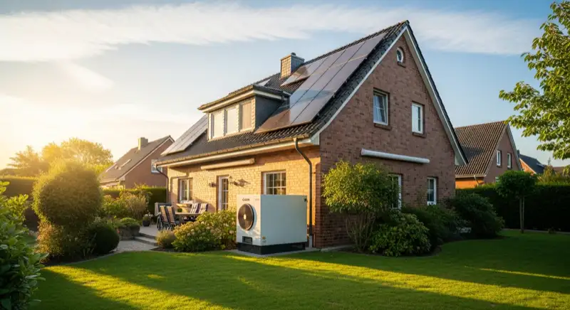 Hausbesitzer-Paar vor Einfamilienhaus in Hannover, sonniger Tag, positive Energie-Szenerie
