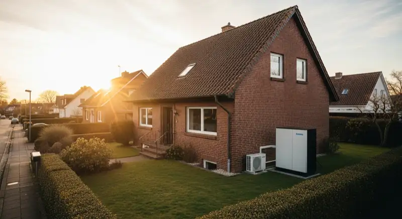 Einfamilienhaus in Hannover mit moderner Luft-Wasser-Wärmepumpe im Garten