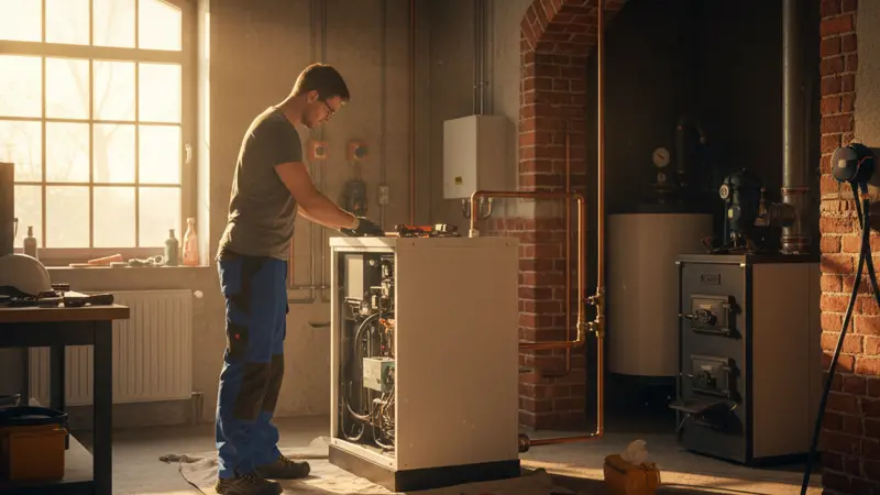 Wärmepumpen-Installateur bei der Arbeit an einem Hattinger Eigenheim