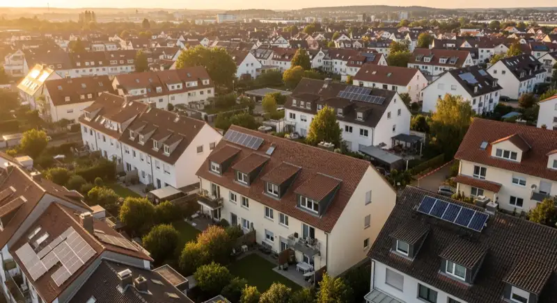 Aerial drone view of typical German residential neighborhood with mixed roof types, red and dark roof tiles, gardens visible, sunny day