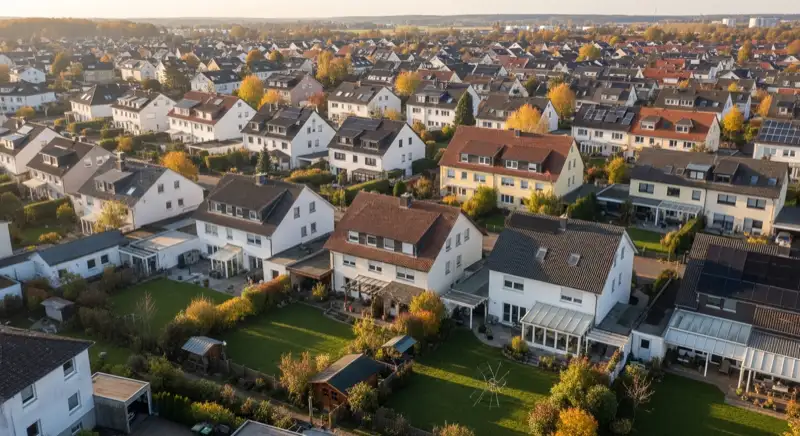 Aerial drone view of typical German residential neighborhood with mixed roof types, red and dark roof tiles, gardens visible, sunny day