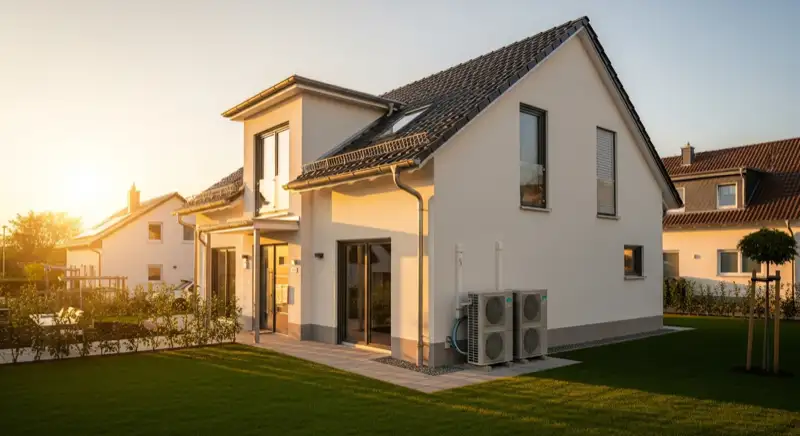 Modernes Einfamilienhaus in Heilbronn-Sontheim mit Luft-Wasser-Wärmepumpen-Außeneinheit im Vorgarten