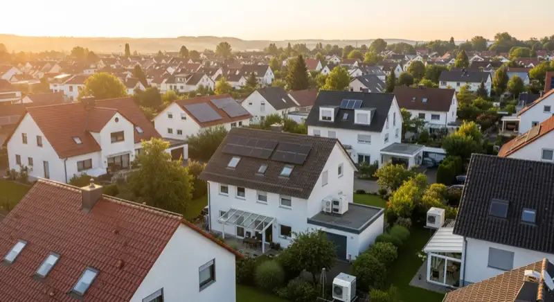 Wohngebiete in Heilbronn mit verschiedenen Bauformen, typische Einfamilienhäuser und Dachstrukturen aus der Luft