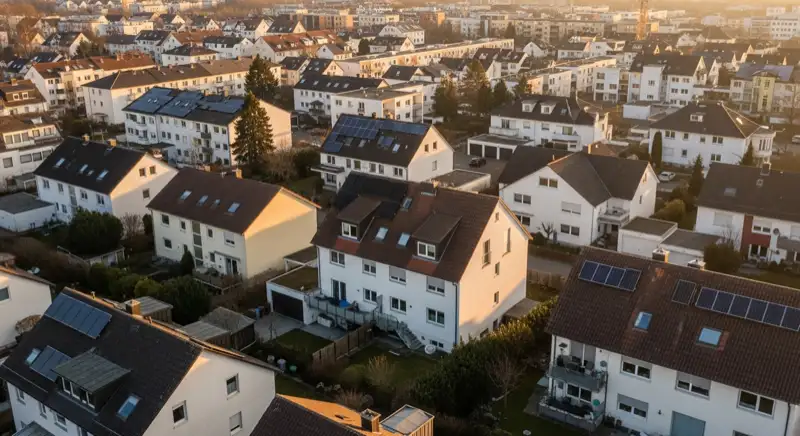 Wohngebiete in Heilbronn mit verschiedenen Bauformen, typische Einfamilienhäuser und Dachstrukturen aus der Luft