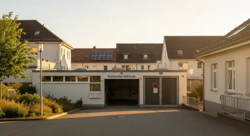 Blick auf das Stadtwerke-Gebäude in Heilbronn mit Service-Eingang, lokale Versorgeratmosphäre