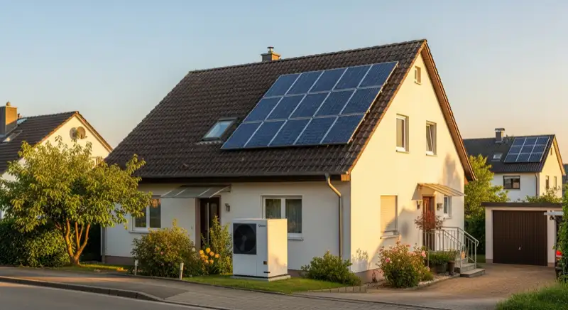 Einfamilienhaus in Heilbronn mit Photovoltaikanlage auf dem Dach und Wärmepumpe im Vorgarten