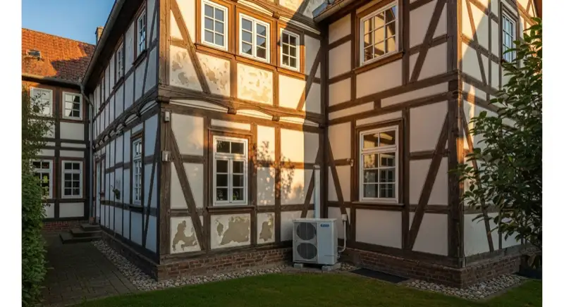 Historisches Fachwerkhaus in Herford mit diskret aufgestellter Wärmepumpen-Außeneinheit im Hinterhof