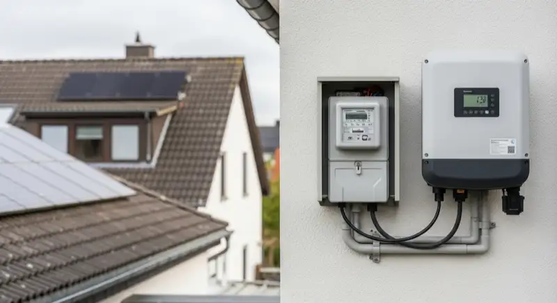 Modern German electrical meter cabinet (Zählerschrank) with smart meter and solar inverter connection, clean technical installation