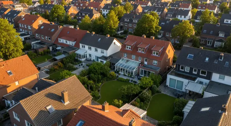 Aerial drone view of typical German residential neighborhood with mixed roof types, red and dark roof tiles, gardens visible, sunny day