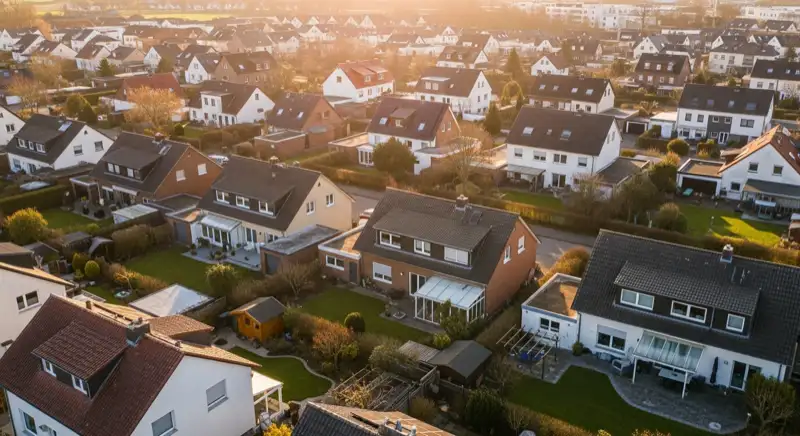 Aerial drone view of typical German residential neighborhood with mixed roof types, red and dark roof tiles, gardens visible, sunny day
