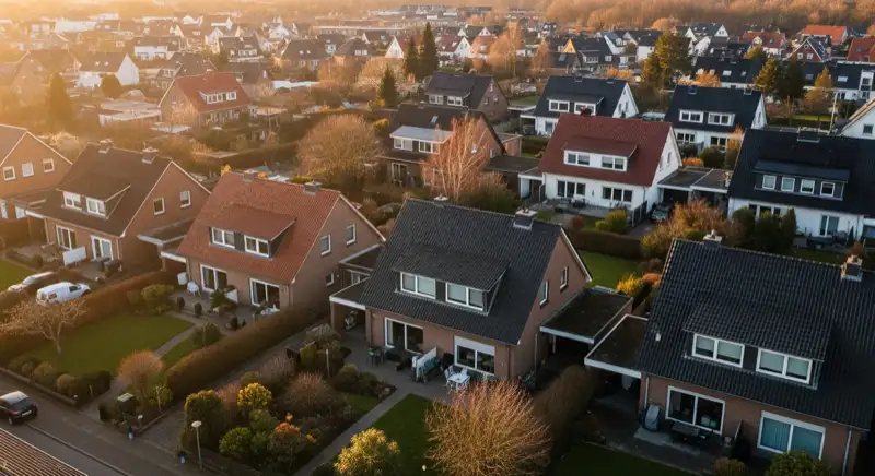 Aerial drone view of typical German residential neighborhood with mixed roof types, red and dark roof tiles, gardens visible, sunny day