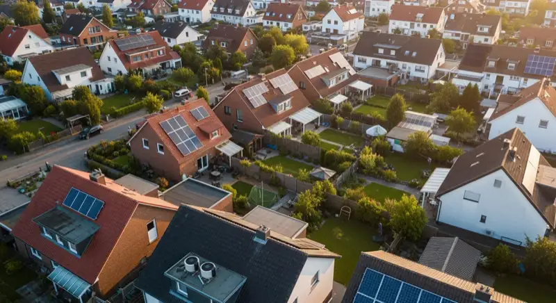 Aerial drone view of typical German residential neighborhood with mixed roof types, red and dark roof tiles, gardens visible, sunny day