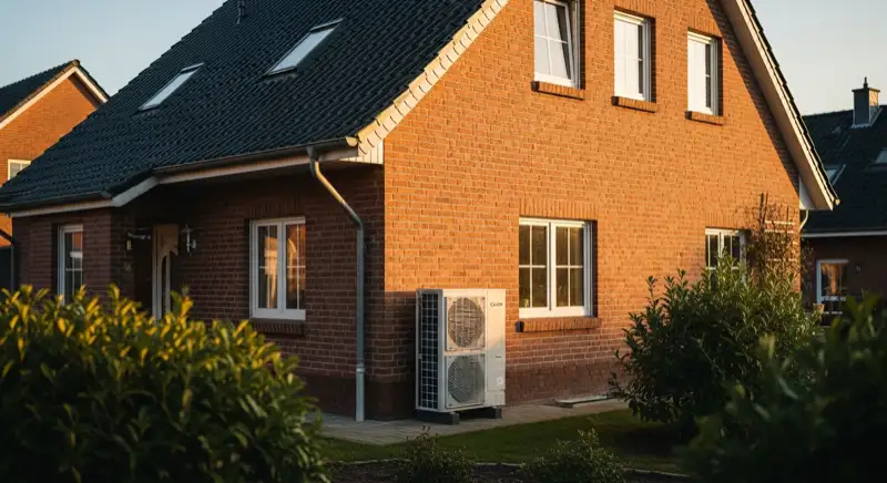 Wärmepumpen-Außeneinheit vor saniertem Einfamilienhaus in Herten mit typischer Klinkerfassade