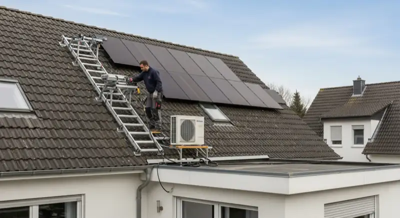 Installateur montiert Wärmepumpen-Außeneinheit an Hertener Einfamilienhaus