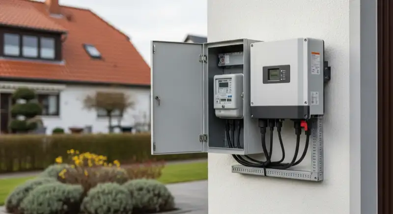 Modern German electrical meter cabinet (Zählerschrank) with smart meter and solar inverter connection, clean technical installation