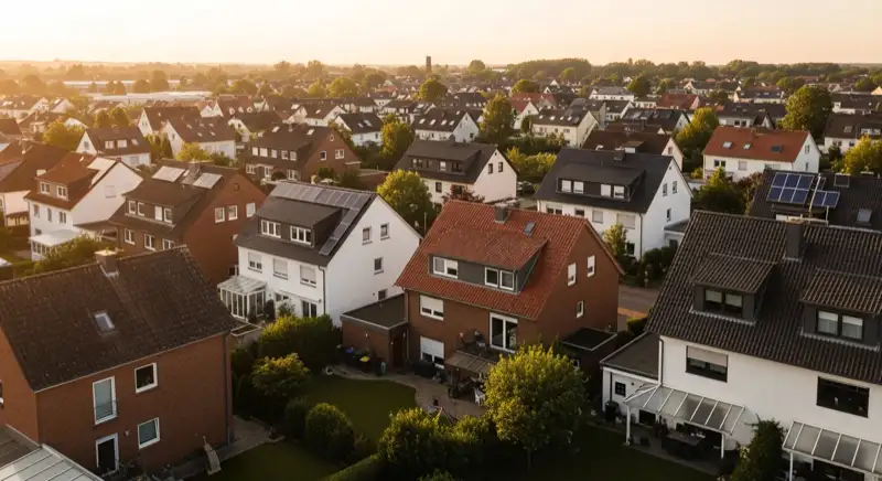 Aerial drone view of typical German residential neighborhood with mixed roof types, red and dark roof tiles, gardens visible, sunny day