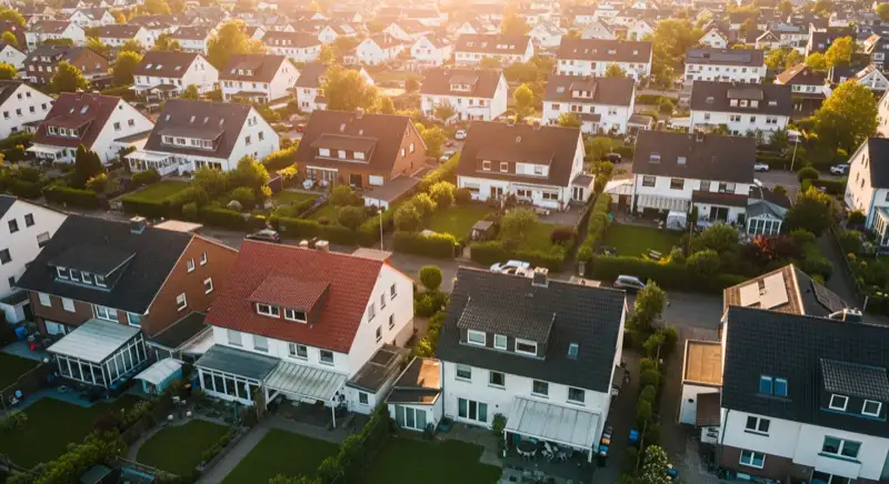 Aerial drone view of typical German residential neighborhood with mixed roof types, red and dark roof tiles, gardens visible, sunny day