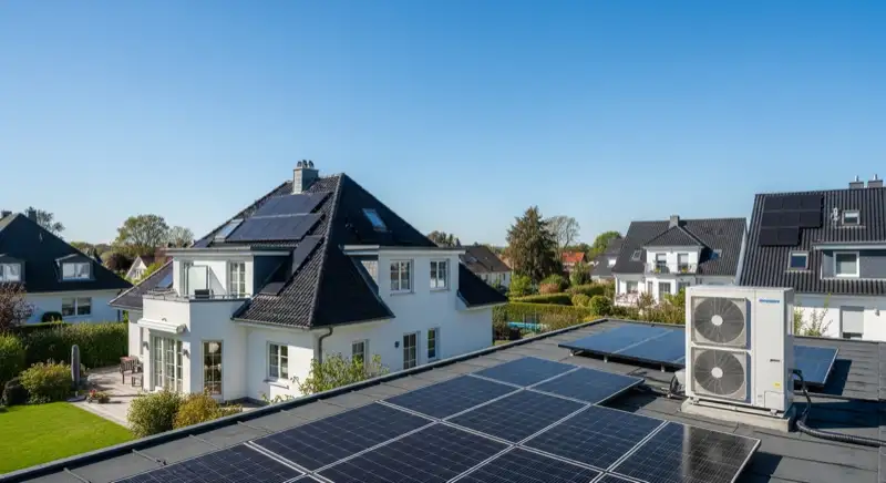Moderne Luft-Wasser-Wärmepumpe vor typischem Hildener Einfamilienhaus mit gepflegtem Garten
