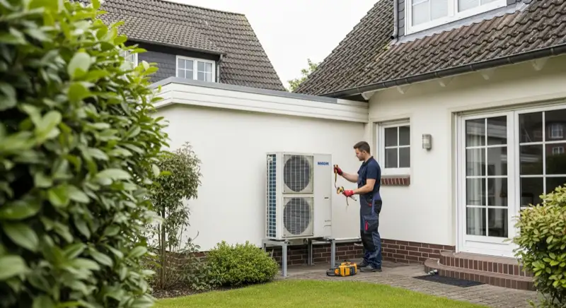 Servicetechniker prüft Wärmepumpen-Außengerät bei Wartung in Hilden