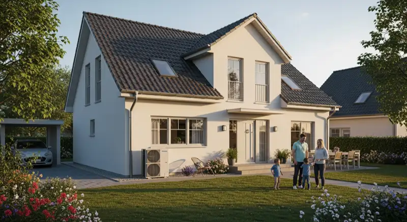 Einfamilienhaus mit Wärmepumpe im Vorgarten in einem Hildesheimer Wohngebiet mit typischer Backstein-Architektur