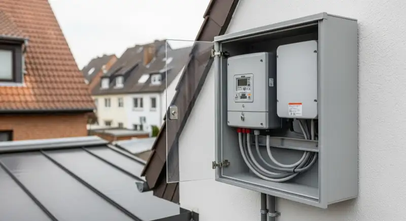 Modern German electrical meter cabinet (Zählerschrank) with smart meter and solar inverter connection, clean technical installation