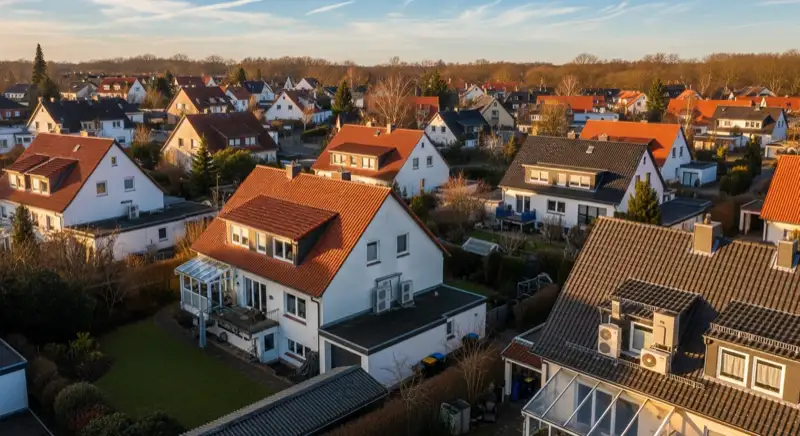 Aerial drone view of typical German residential neighborhood with mixed roof types, red and dark roof tiles, gardens visible, sunny day