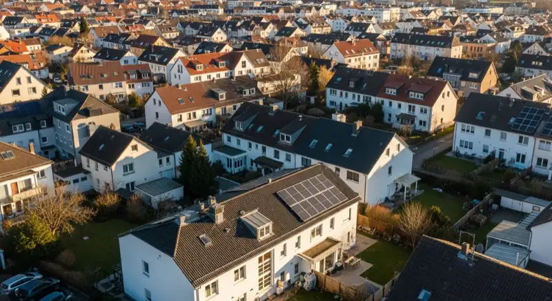 Aerial drone view of typical German residential neighborhood with mixed roof types, red and dark roof tiles, gardens visible, sunny day