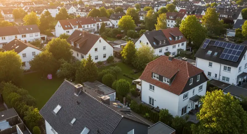 Aerial drone view of typical German residential neighborhood with mixed roof types, red and dark roof tiles, gardens visible, sunny day