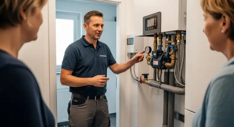 Vorher-Nachher-Vergleich: alte Gasheizung und moderne Wärmepumpe im Keller eines Hildesheimer Altbaus