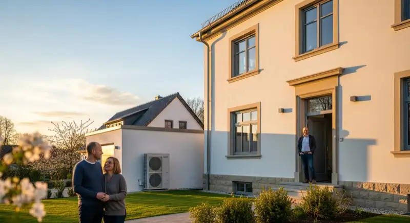 Moderner Technikraum mit Wärmepumpe und Pufferspeicher im Keller eines Hildesheimer Altbaus