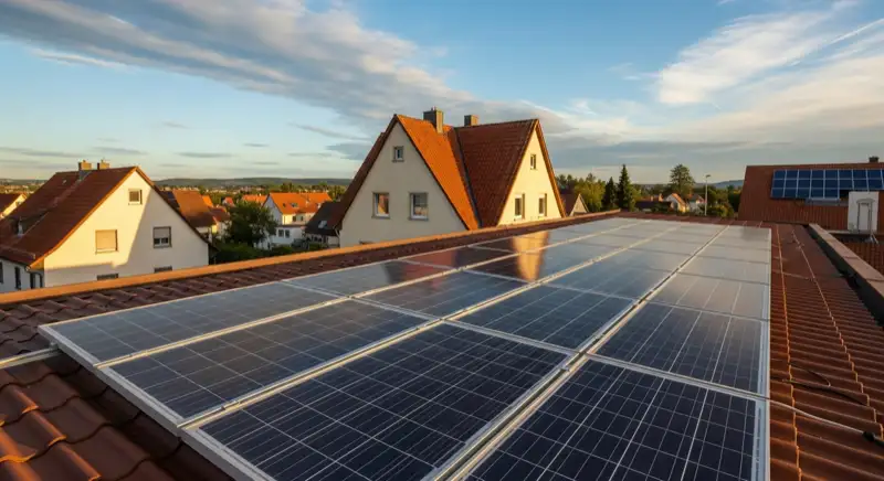 Close-up of photovoltaic solar panels installed on a traditional German Satteldach (gabled roof), blue sky with some clouds