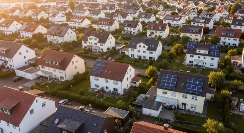 Aerial drone view of typical German residential neighborhood with mixed roof types, red and dark roof tiles, gardens visible, sunny day