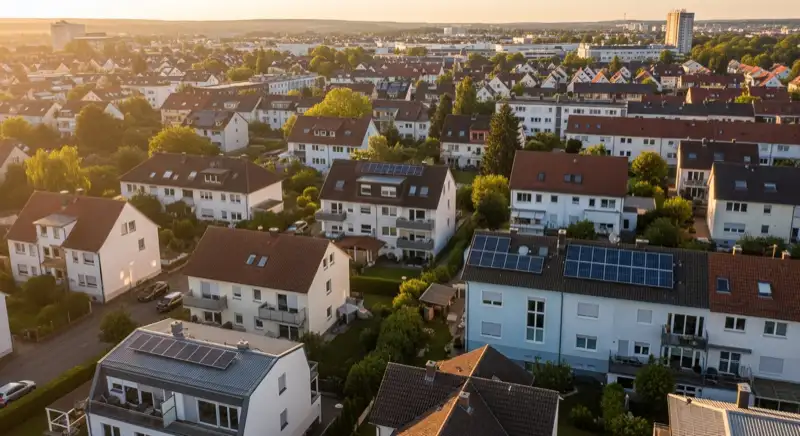 Aerial drone view of typical German residential neighborhood with mixed roof types, red and dark roof tiles, gardens visible, sunny day