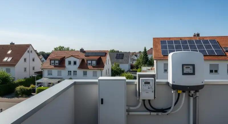 Modern German electrical meter cabinet (Zählerschrank) with smart meter and solar inverter connection, clean technical installation