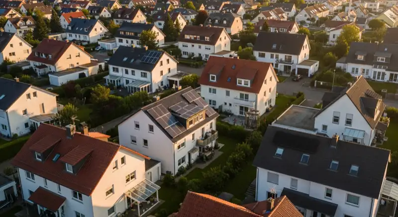 Aerial drone view of typical German residential neighborhood with mixed roof types, red and dark roof tiles, gardens visible, sunny day