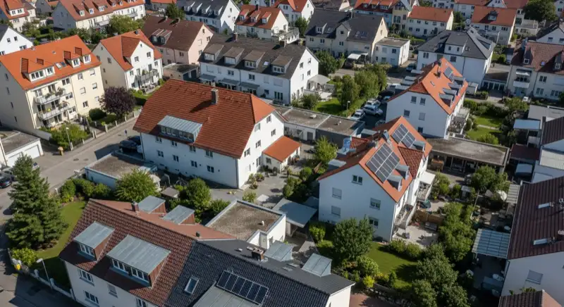 Aerial drone view of typical German residential neighborhood with mixed roof types, red and dark roof tiles, gardens visible, sunny day