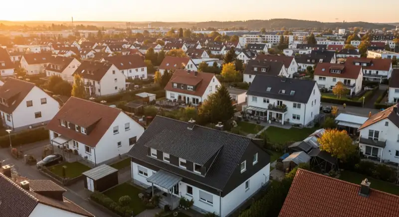Aerial drone view of typical German residential neighborhood with mixed roof types, red and dark roof tiles, gardens visible, sunny day