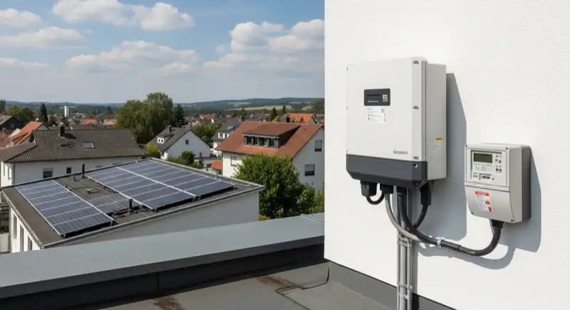 Modern German electrical meter cabinet (Zählerschrank) with smart meter and solar inverter connection, clean technical installation