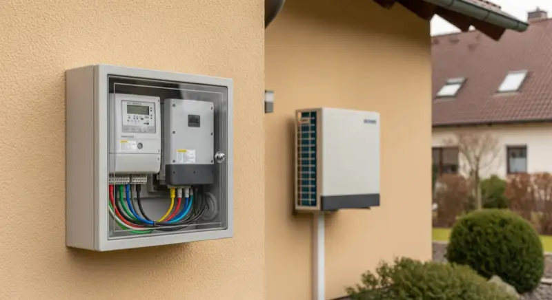 Modern German electrical meter cabinet (Zählerschrank) with smart meter and solar inverter connection, clean technical installation