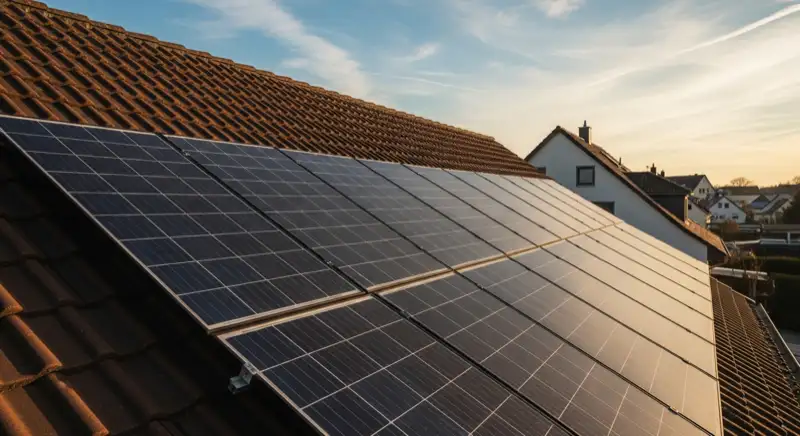Close-up of photovoltaic solar panels installed on a traditional German Satteldach (gabled roof), blue sky with some clouds