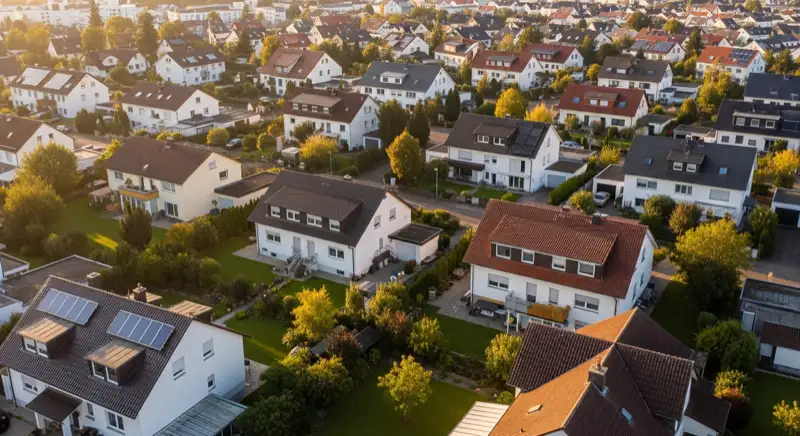 Aerial drone view of typical German residential neighborhood with mixed roof types, red and dark roof tiles, gardens visible, sunny day
