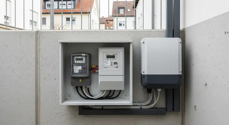 Modern German electrical meter cabinet (Zählerschrank) with smart meter and solar inverter connection, clean technical installation