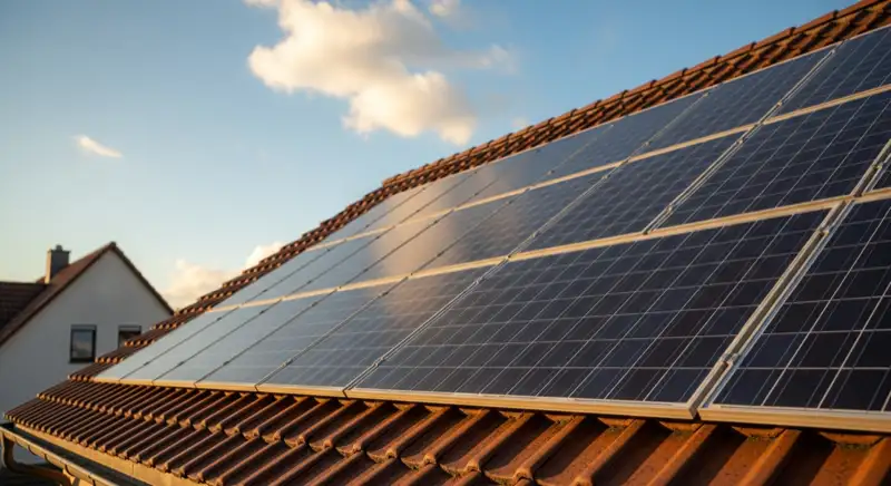 Close-up of photovoltaic solar panels installed on a traditional German Satteldach (gabled roof), blue sky with some clouds