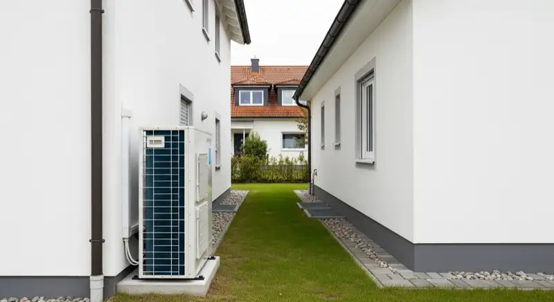 Wärmepumpen-Außeneinheit neben einem Wohnhaus in Hofheim am Taunus mit Abstand zur Nachbargrenze
